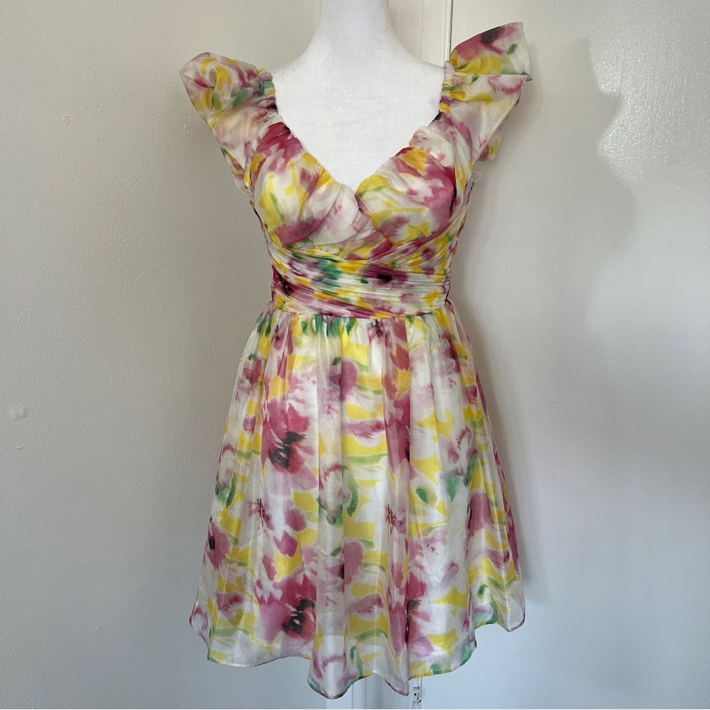 NWOT AQUA Watercolor Flutter Sleeve Mini Dress - Bloomingdale’s Exclusive - Picture 4 of 7